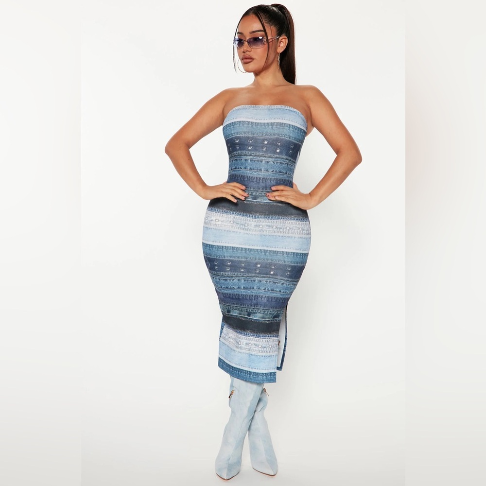 Fashion Nova Casual Slay Denim Print Midi Dress Blue Combo